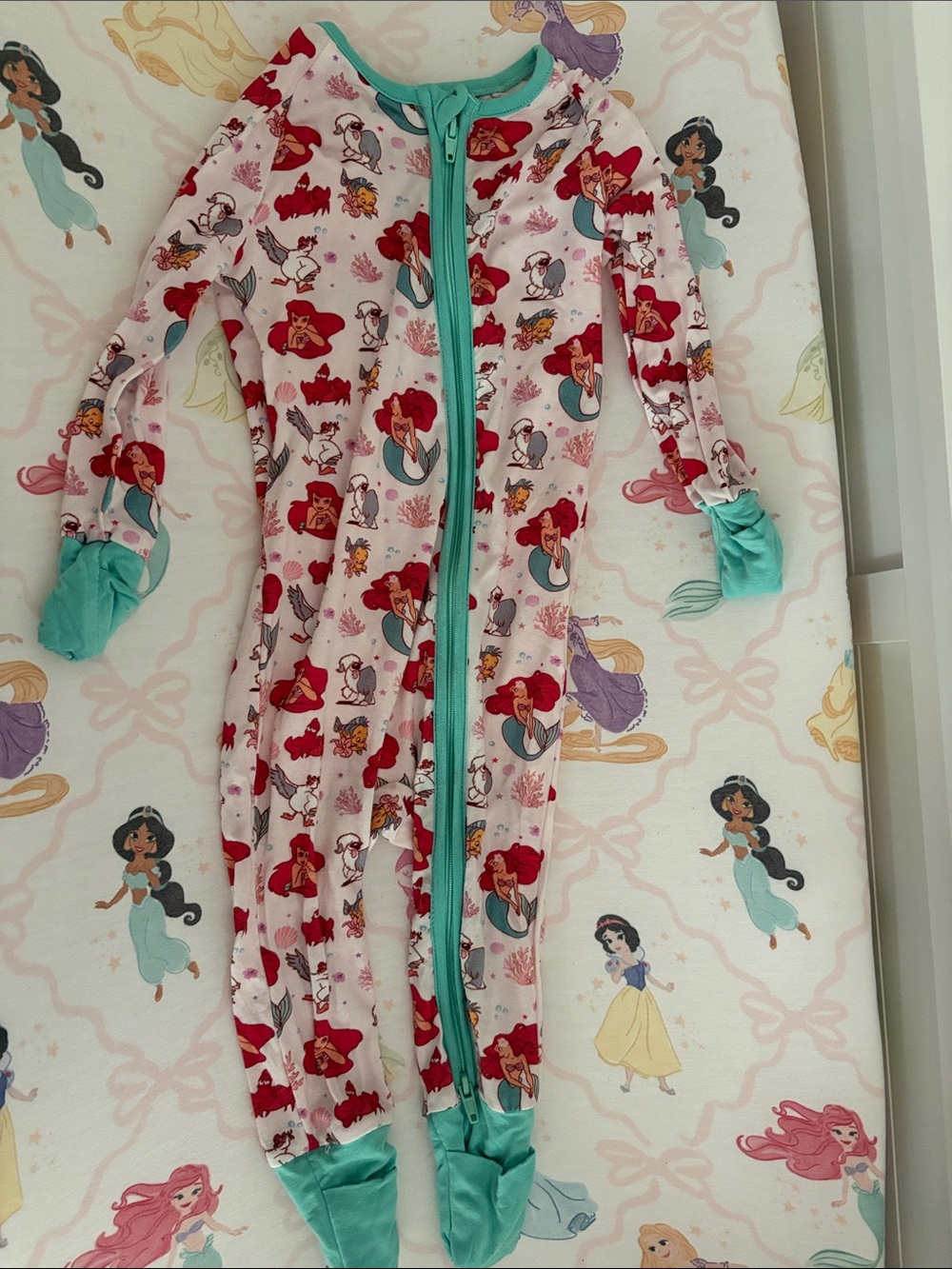 Girls' Pink Ariel Print One-Piece Pajama with Teal Trim